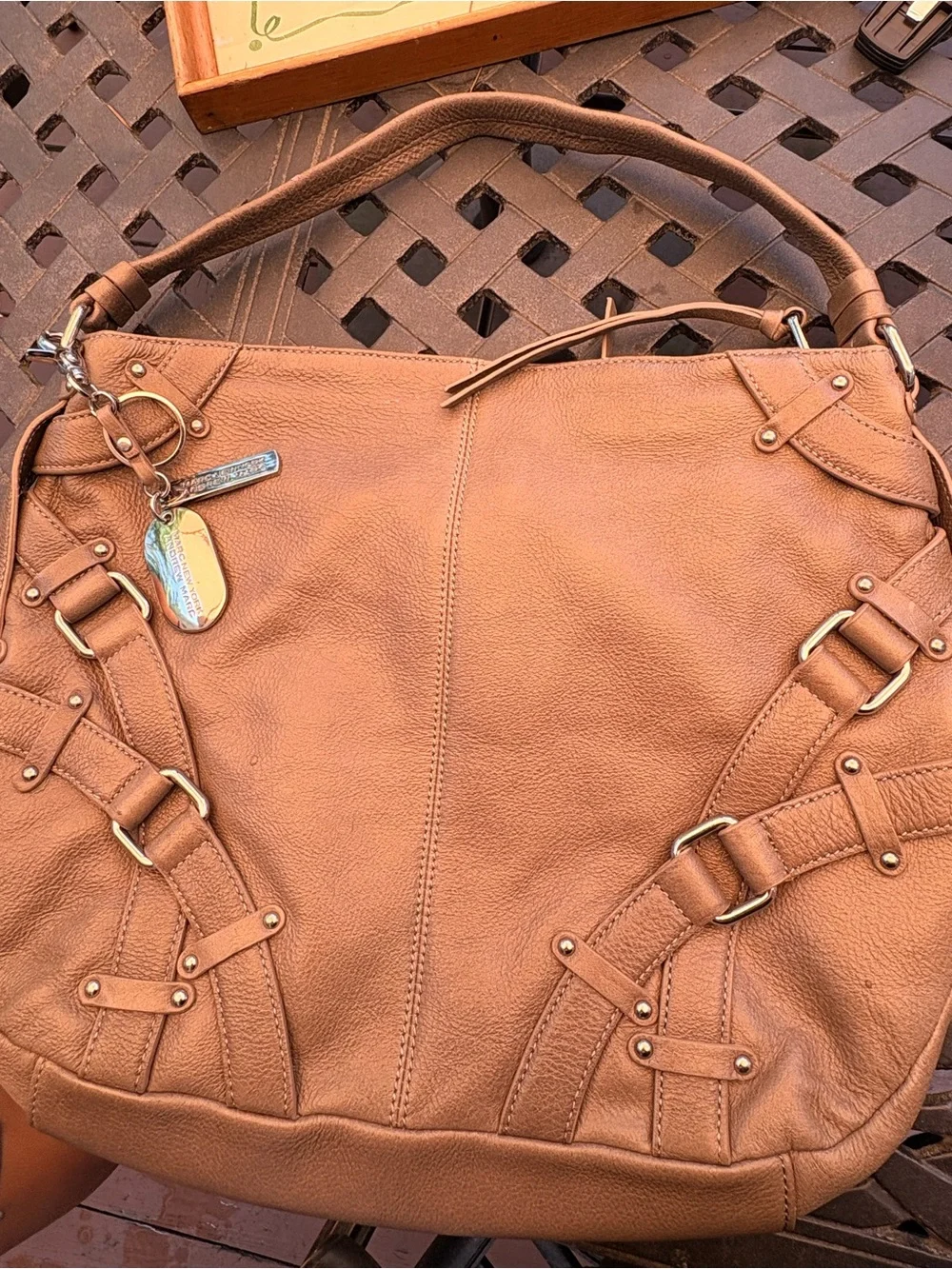 Andrew Marc Tan Pebbled Leather Hobo Shoulder Bag